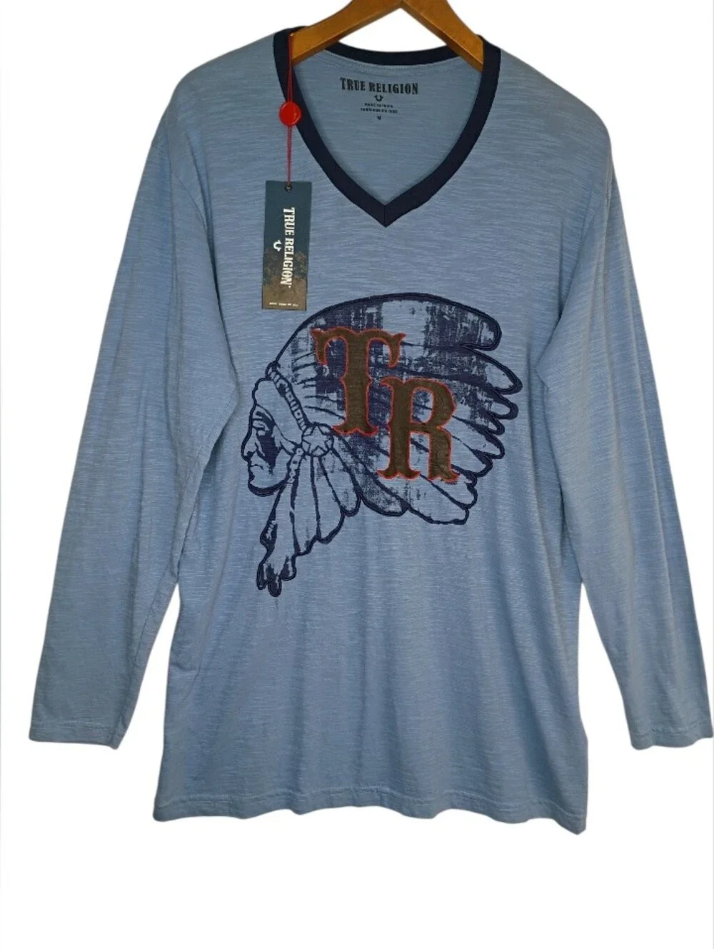 True Religion Men's T-shirt Long Sleeves Blue Sz M V-Neck Indian Chief MSRP $149